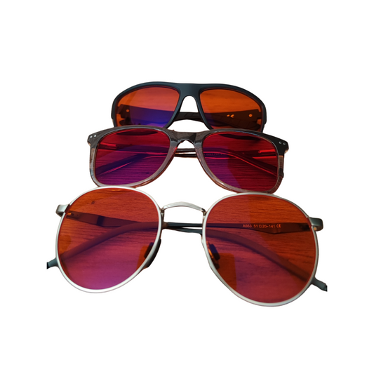 3-different-pairs-blue-light-glasses-Red-and-orange-lens-Home-light-therapy-blålysbriller