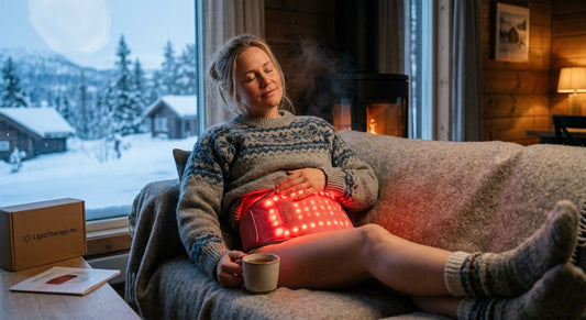 Woman using red light therapy panel for menstrual pain relief during Norwegian winter - LightTherapy.no