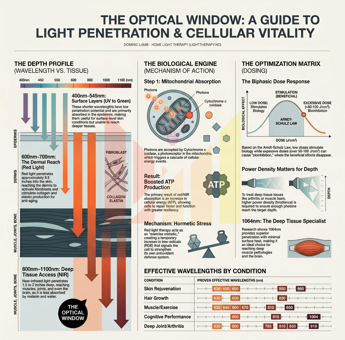 Infographic showing red and near-infrared light penetration depths through skin, muscle, and bone tissue 