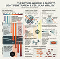  Infographic showing red and near-infrared light penetration depths through skin, muscle, and bone tissue 