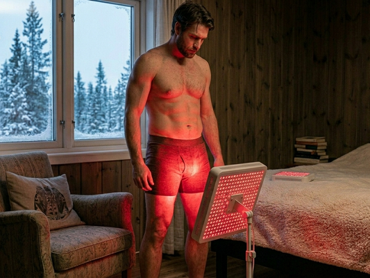 Man using red light therapy panel during Norwegian winter for testosterone and hormonal health — LightTherapy.no