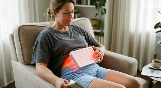 Red light therapy panel used on abdomen for gut health support