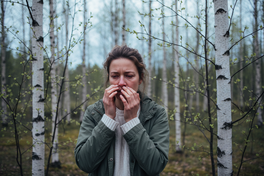  Person outdoors in Norwegian spring light with birch trees in background, red eyes, allergy season Norway 