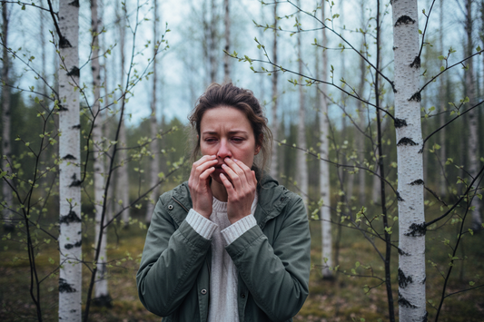  Person outdoors in Norwegian spring light with birch trees in background, red eyes, allergy season Norway 