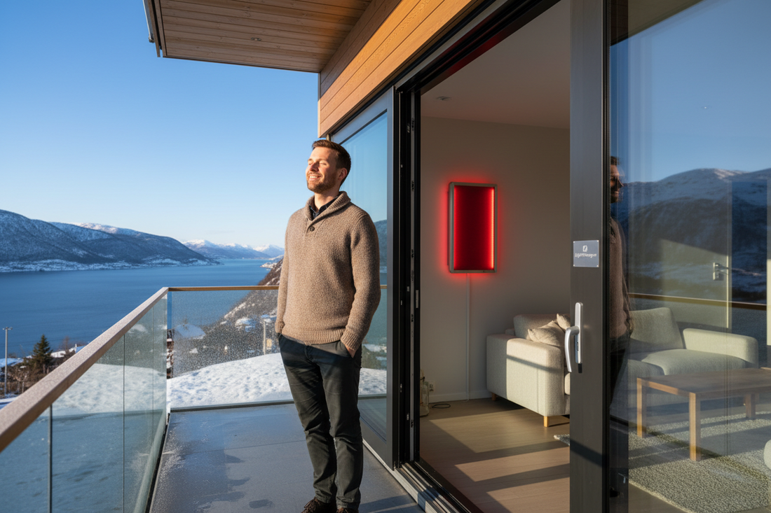 Man standing on south-facing terrace in early March Norway sunshine with red light therapy panel visible indoors - LightTherapy.no