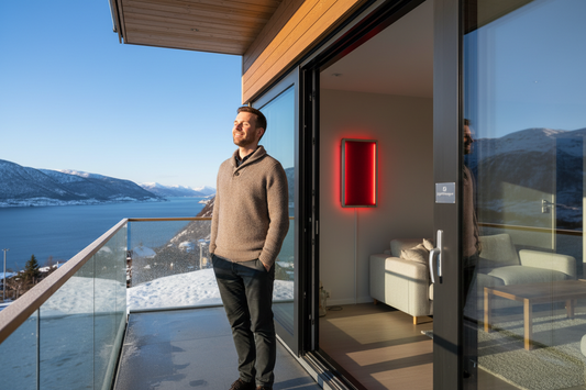 Man standing on south-facing terrace in early March Norway sunshine with red light therapy panel visible indoors - LightTherapy.no