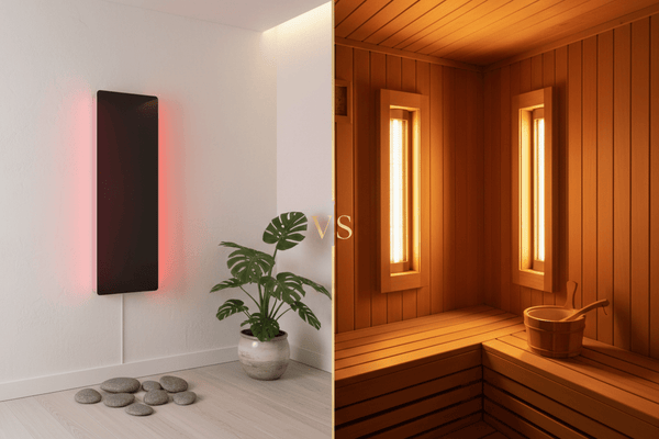 Red light therapy panel next to an infrared sauna cabin in a Norwegian home