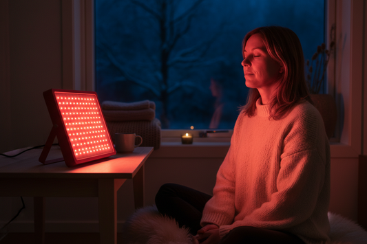 Person using red light therapy panel during Norwegian winter mørketid darkness  - LightTherapy.no