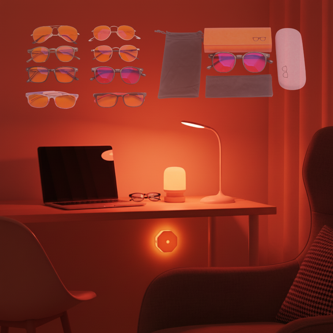 Circadian lighting illuminating a room in red and amber from various lighting and multiple blue light blocking glasses