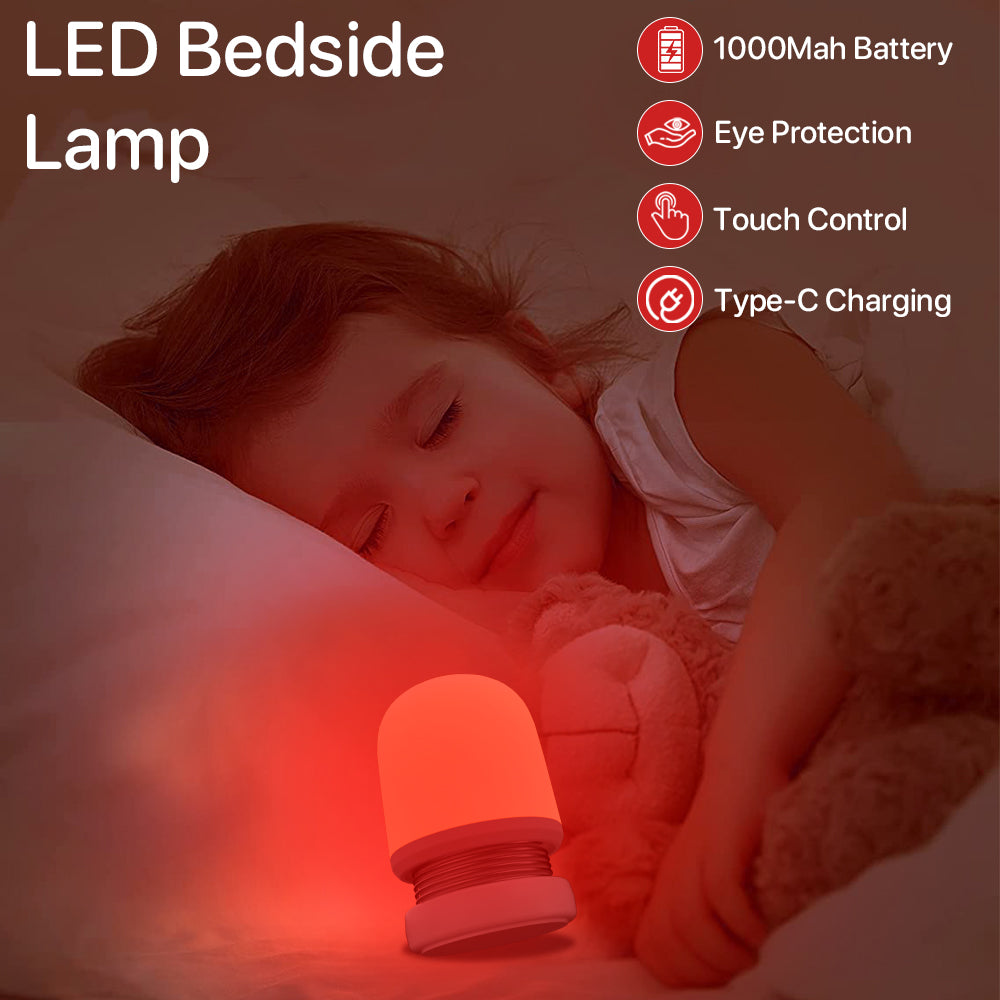 LED bedside lamp with a child sleeping next to it, highlighting features like 1000mAh battery, eye protection, touch control, and Type-C charging.