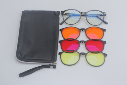 Set of Blue Light blocking glasses with a black pouch on a light gray background
