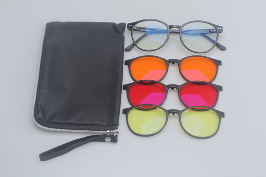 Set of Blue Light blocking glasses with a black pouch on a light gray background