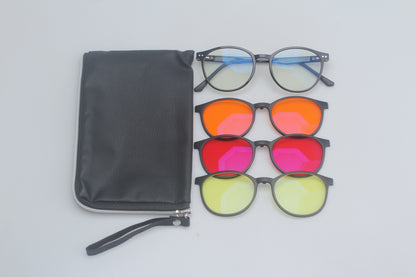Set of Blue Light blocking glasses with a black pouch on a light gray background