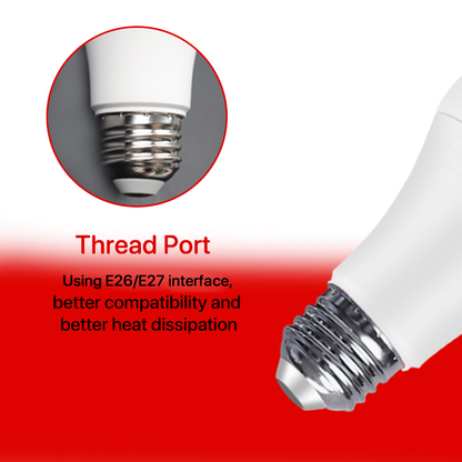 E27 Reduced blue light bulb on a white and red background showing the thread port of the bulb