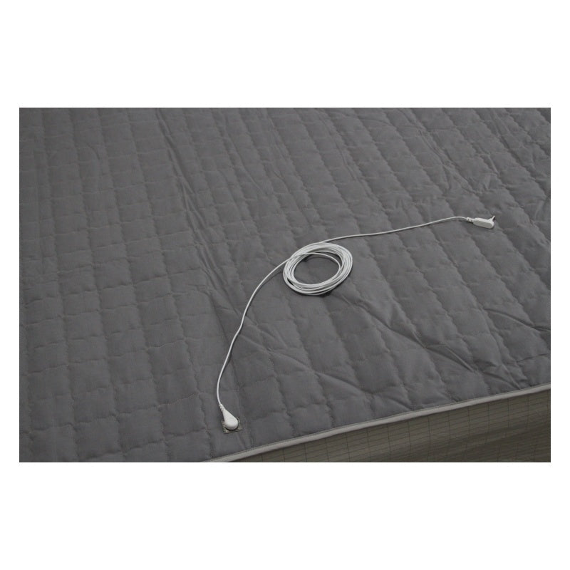Gray quilted grounding earthing mattress cover with a cable on a white background