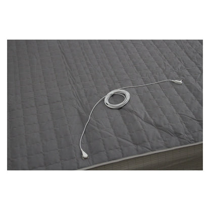 Gray quilted grounding earthing mattress cover with a cable on a white background