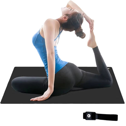 Woman performing a yoga pose on a black grounding mat with an earthing  strap, on a white background