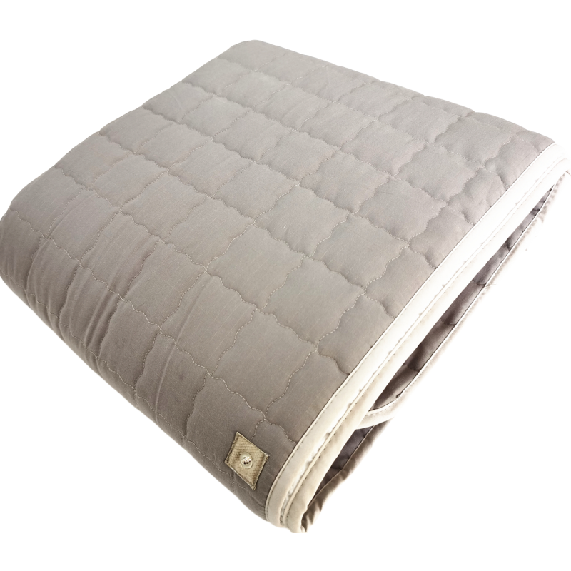 Quilted grounding blanket with a button closure on a white background
