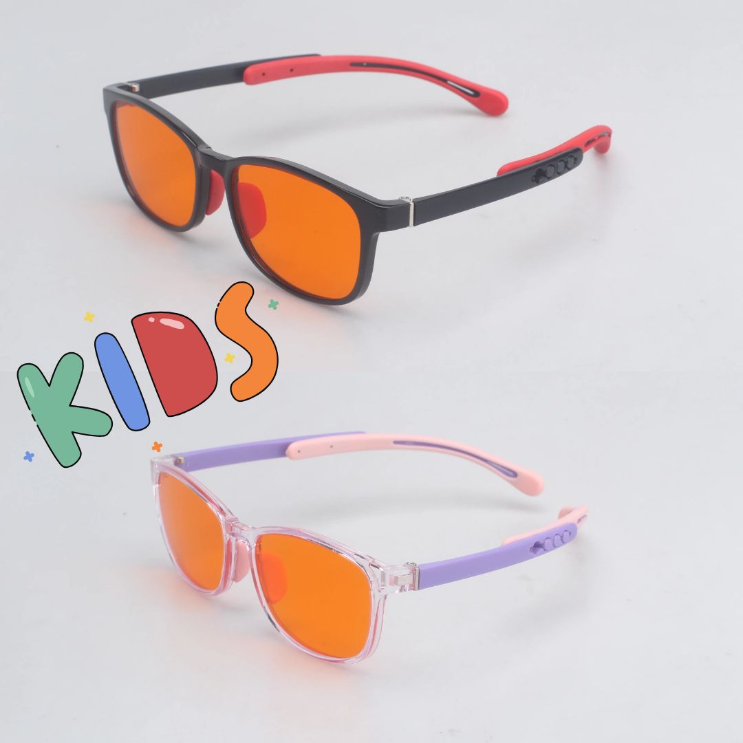 2 pairs of kids blue light (blålysbriller) with orange lenses on a grey background
