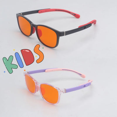 2 pairs of kids blue light (blålysbriller) with orange lenses on a grey background