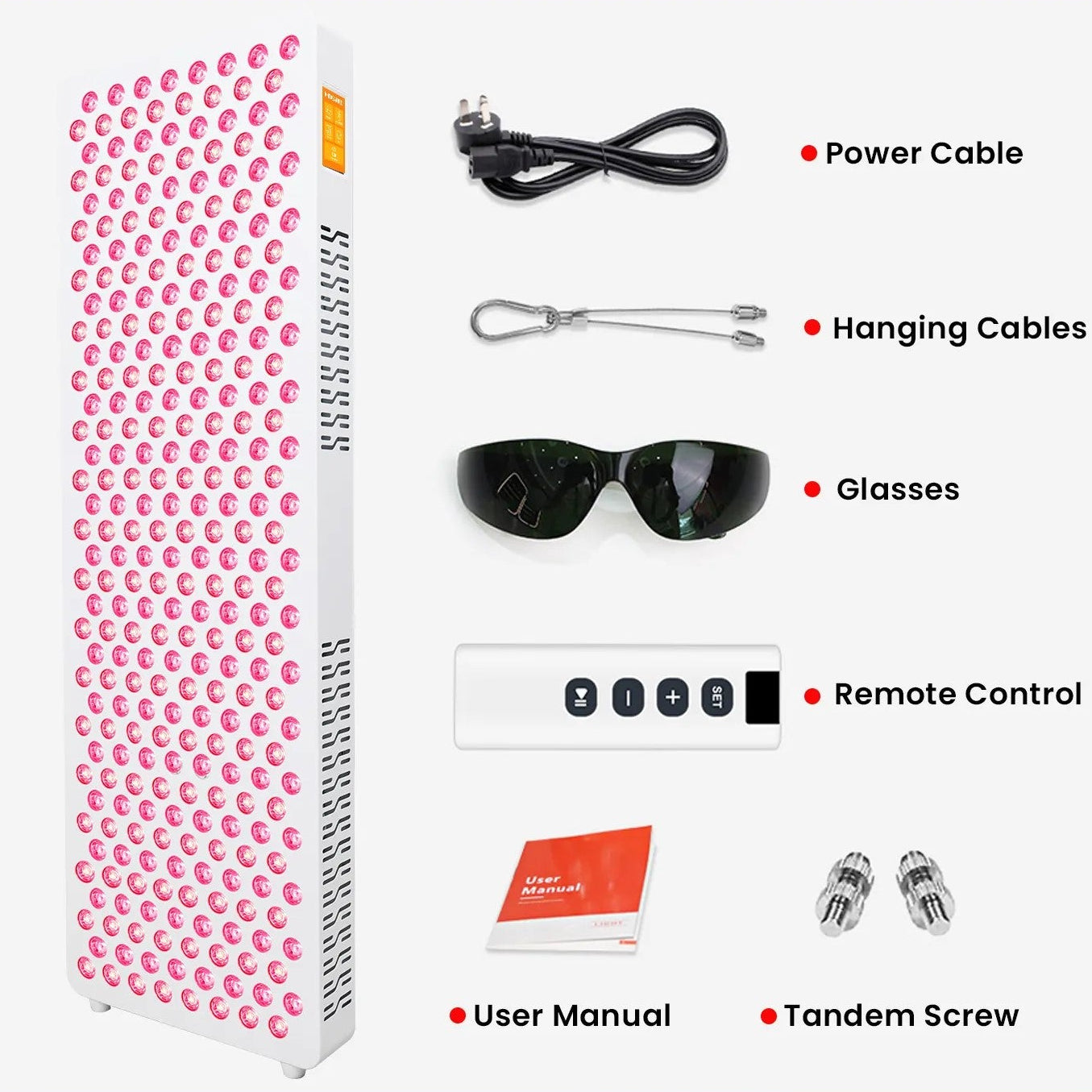 A long, rectangular panel with a grid of red and NIRLED lights designed for red light therapy.